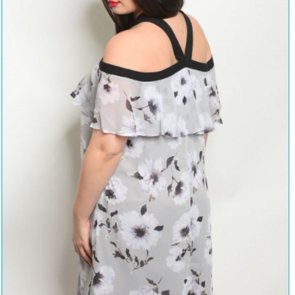 GRAY FLORAL PLUS SIZE DRESS - Picture 2 of 6